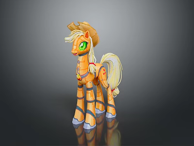 Yellow Pony Toy With Cowboy Hat Green Eyes And Blonde Mane Standing On Reflective Surface 3d model