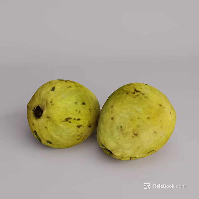 Two Fresh Ripe Yellow Guava Fruits With Black Spots On White Background 3d model 