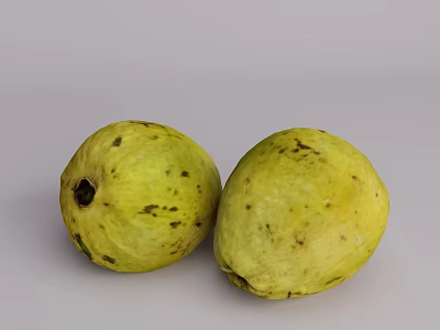 Two Fresh Ripe Yellow Guava Fruits With Black Spots On White Background 3d model