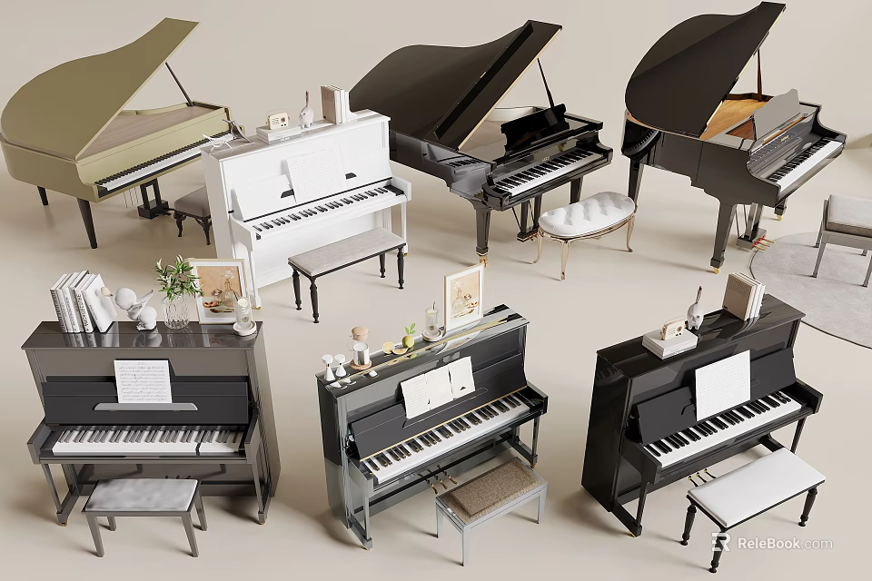 Elegant Piano Room Featuring Various Pianos Stools Books And Decorative Items 3d model