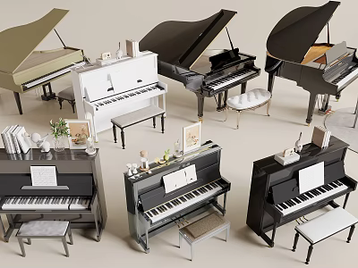 Elegant Piano Room Featuring Various Pianos Stools Books And Decorative Items 3d model