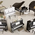 Elegant Piano Room Featuring Various Pianos Stools Books And Decorative Items 3d model