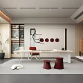 Modern Tea Room Interior With White Long Table Red Chair And Red Stools 3d model