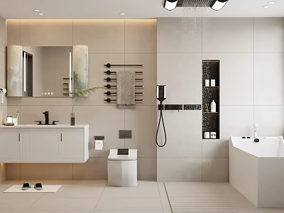 Modern Bathroom Interior With White Vanity Bathtub Toilet And Tiled Walls 3d model