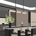 Modern Restaurant Interior With Marble Dining Table Hanging Pendant Light And Floral Arrangement