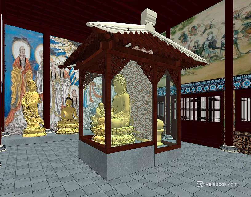 Chinese Buddhist Temple Interior Featuring Golden Buddha Statues Glass Shrine And Traditional Murals 3d model 