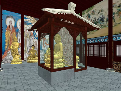 Chinese Buddhist Temple Interior Featuring Golden Buddha Statues Glass Shrine And Traditional Murals 3d model