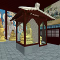 Chinese Buddhist Temple Interior Featuring Golden Buddha Statues Glass Shrine And Traditional Murals