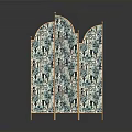 Elegant Three Panel Room Divider Screen With Golden Frame And Teal Floral Pattern