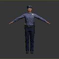 Policeman in Blue Uniform Standing with Arms Outstretched on Gray Background