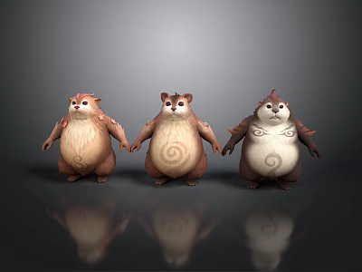 Chubby Cartoon Rodents With Different Belly Patterns Standing Together On Gray Gradient Background 3d model
