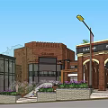 Modern Commercial Street With Clock Tower Plaza Fountain and Surrounding Buildings
