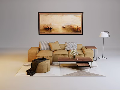 Beige Sofa With Throw Pillows And Wooden Coffee Table Floor Lamp Wall Painting Area Rug 3d model