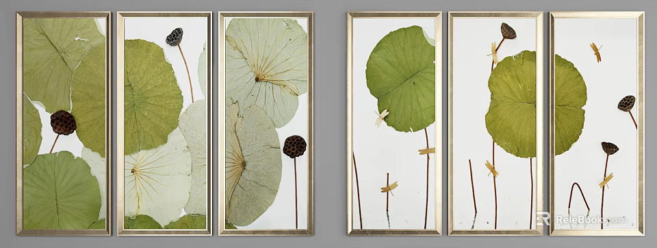 Framed Botanical Paintings With Lotus Leaves Pods And Dragonflies For Home Decor 3d model 