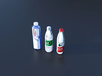 Three Bottled Drinks With Blue Green And Red Labels On Dark Background 3d model
