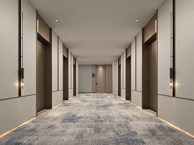 Modern Hotel Corridor Interior With Carpet Flooring And Doors On Both Sides 3d model