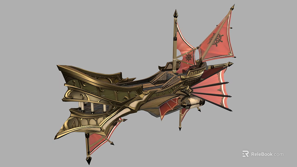 Ornate Golden Mechanical Flying Vessel With Red Banners And Decorative Structures 3d model 