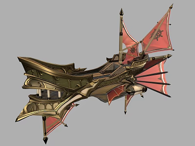 Ornate Golden Mechanical Flying Vessel With Red Banners And Decorative Structures 3d model