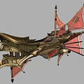 Ornate Golden Mechanical Flying Vessel With Red Banners And Decorative Structures