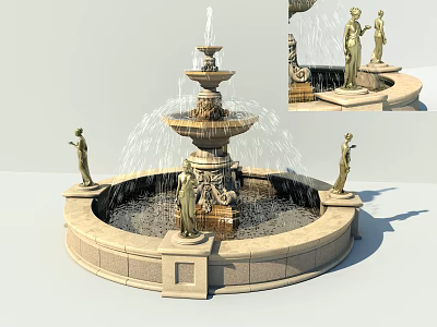Elegant Outdoor Garden Fountain With Tiered Stone Structure And Decorative Statues 3d model