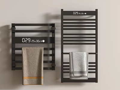 Black Wall Mounted Radiator With Digital Display And Towel Rack In Bathroom Interior 3d model