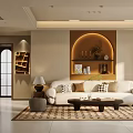 Modern Living and Dining Room Interior With TV Wall Decorative Mirror Sofa and Carpet