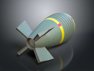 Military Bomb With Green Body Yellow Stripes Metal Tail Fins And Pointed Warhead Structure 3d model