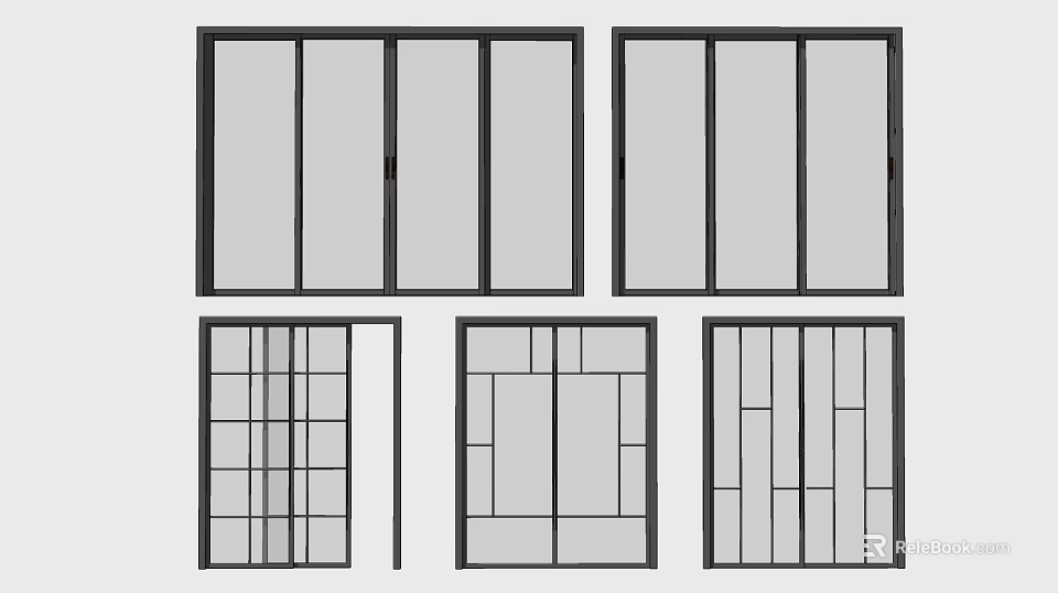 Stylish Sliding Doors Featuring Various Glass Panel And Frame Designs 3d model