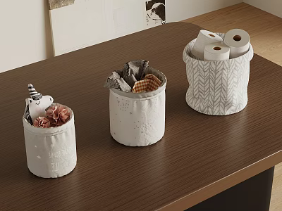 Fabric Storage Baskets with Decorative Details for Organizing Toilet Paper and Cloth on Wooden Tabletop 3d model