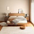 Wooden Double Bed With Soft Bedding Nightstands Decorative Paintings And Plush Rug