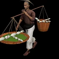 Traditional Man with Conical Hat Carrying Baskets of Fresh Fish on Shoulder Pole