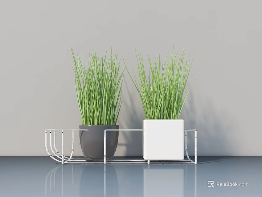 Bonsai Potted Plants With Fresh Green Grass-like Leaves On Metal Stand For Modern Indoor Decor 3d model 