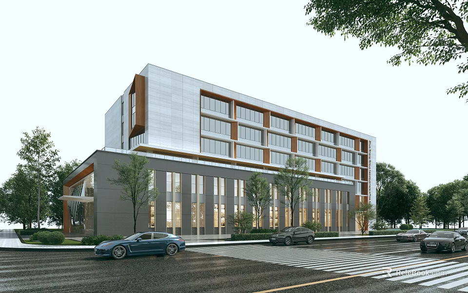 Modern Office Building Exterior With Glass Facade Metal Accents Trees Along Street And Parked Cars 3d model 