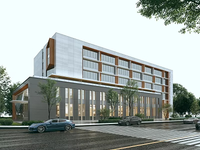 Modern Office Building Exterior With Glass Facade Metal Accents Trees Along Street And Parked Cars 3d model