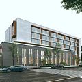 Modern Office Building Exterior With Glass Facade Metal Accents Trees Along Street And Parked Cars