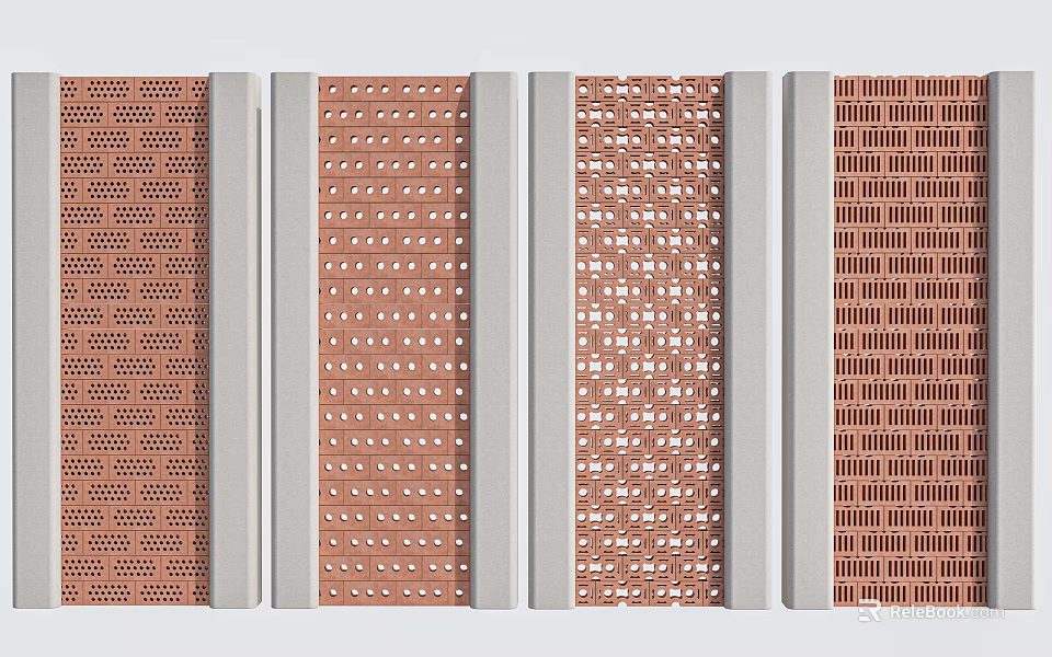 Perforated Red Brick Partition With Various Patterns And Gray Frames 3d model
