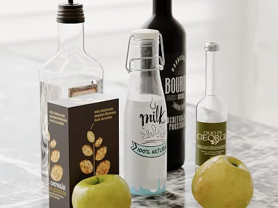 Kitchen Counter With Glass Milk Bottle Bourbon Ginger Syrup Apples And Box 3d model