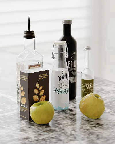 Kitchen Counter With Glass Milk Bottle Bourbon Ginger Syrup Apples And Box 3d model