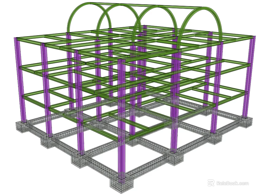 Industrial Metal Framework Structure With Steel Columns Green Beams And Grid Design 3d model 