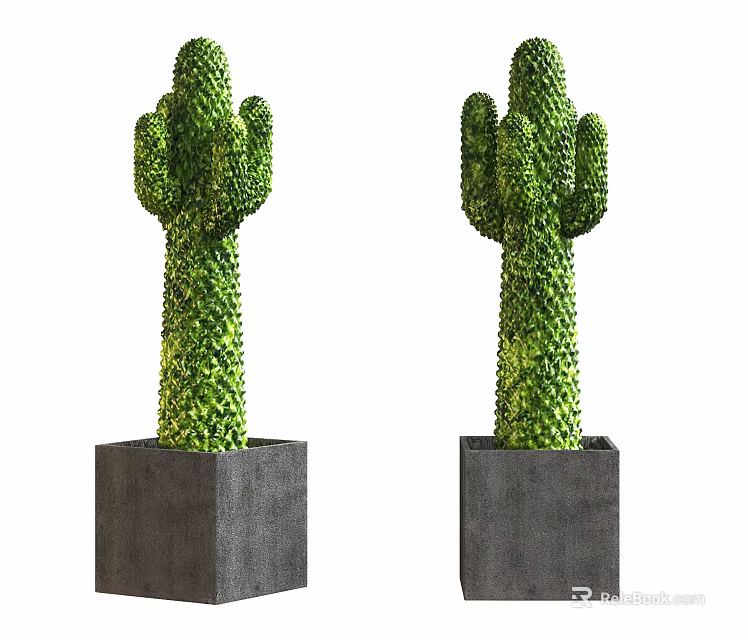 Two Green Cactus Potted Plants In Gray Square Decorative Pots 3d model 