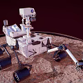 Mars Rover Scientific Exploration Vehicle With Mechanical Arm And Solar Panels On Simulated Martian Surface