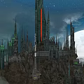 Mystical Fantasy Island Landscape With Tall Towers Giant Moon Starry Sky Clouds And Calm Water