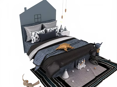Stylish Double Bed With Gray Headboard Patterned Pillows Bedding And Nightstand Decor On Rug 3d model
