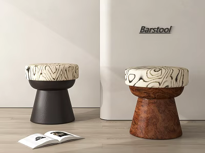 Modern Barstool Design With Patterned Seat Black And Wooden Bases And Open Magazine 3d model