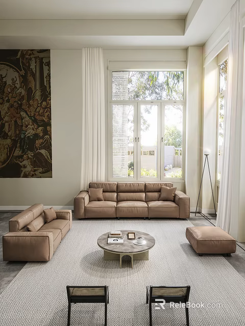 Elegant Leather Sofa and Coffee Table Set with Armchair Ottoman Large Windows and Artwork 3d model 