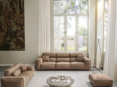 Elegant Leather Sofa and Coffee Table Set with Armchair Ottoman Large Windows and Artwork 3d model