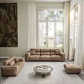 Elegant Leather Sofa and Coffee Table Set with Armchair Ottoman Large Windows and Artwork