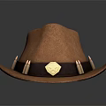 Brown Wide Brim Hat With Dark Leather Band Gold Badge And Metal Accents