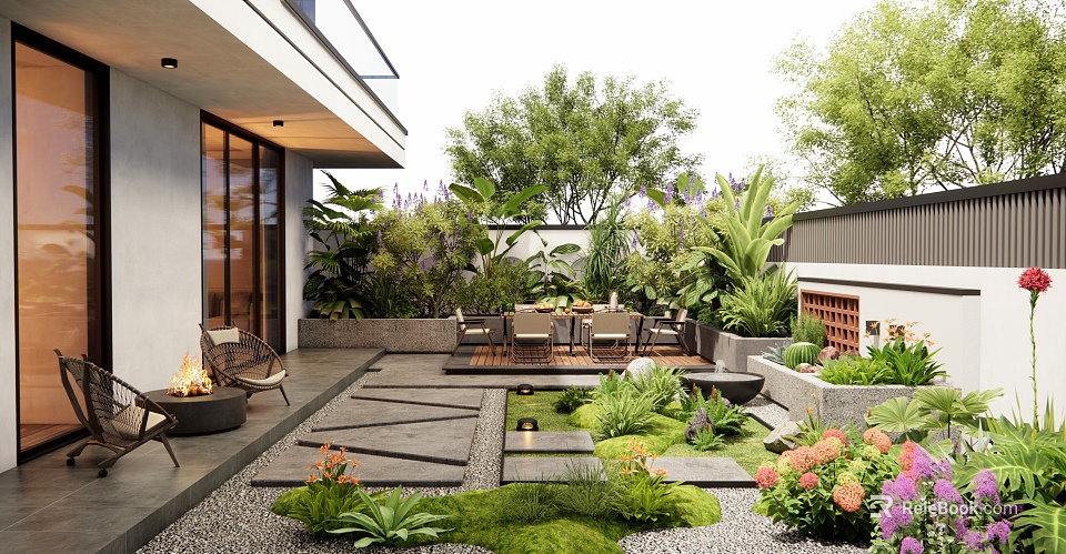 Modern Outdoor Garden with Terrace Fire Pit Stone Pathway Tables Chairs and Greenery Flowers 3d model 
