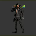 Tattooed Cyberpunk Game Character Wearing Black Leather Jacket With Large Gun And Green Blue Accents